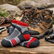 Calcetines técnicos de senderismo preparados junto a unas botas de montaña